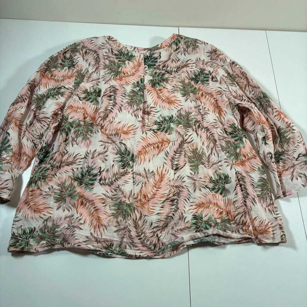 J. Jill Love Linen Blouse Women XL Pink Green Tropical Palm Leaf V-Neck - Picture 4 of 9
